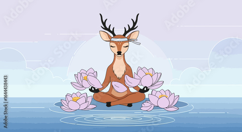 Serene deer in lotus position meditating surrounded by lotus flowers in a tranquil water landscape with sky background