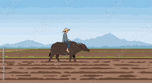 Serene countryside vista featuring a farmer riding a water buffalo across a rice paddy landscape cultivating agricultural heritage