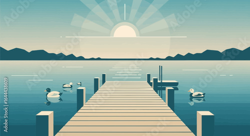 Serene Lakeside Dock View with Ducks and Mountains at Dawn Illustration