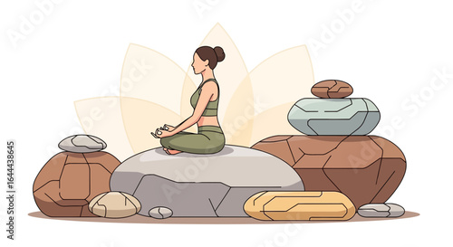 Serene Meditation: A Woman Finding Inner Peace Amongst Stacked Stones and Lotus