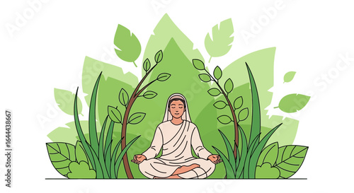 Serene meditation illustration featuring a woman in nature for inner peace and mindfulness enhanced by green foliage and tranquil setting