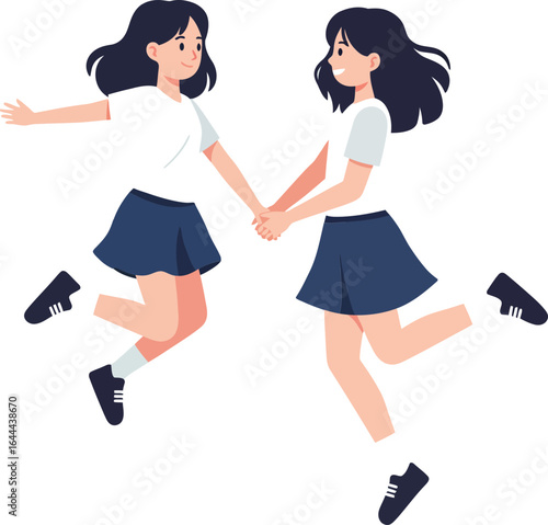 Two young girls holding hands and jumping happily in casual white shirts and navy skirts vector illustration