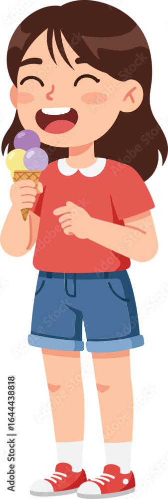 Young girl enjoying colorful ice cream cone wearing red shirt and blue shorts vector illustration Young girl enjoying colorful ice cream cone wearing red shirt and blue shorts vector illustration