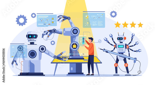 Technological Advancement: Man and Robots Collaborating on Advanced Engineering Solutions
