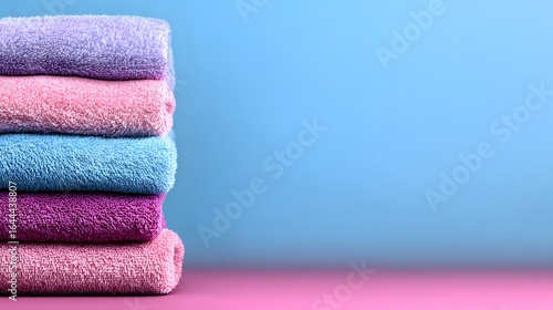 Stack of colorful towels against a light blue background.