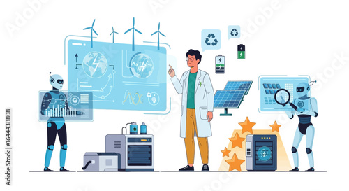 Technological advancement in renewable energy research with scientists and robots exploring sustainable solutions