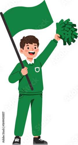 Young male cheerleader holding green flag and pompom in green outfit celebrating sports enthusiasm and team spirit vector illustration