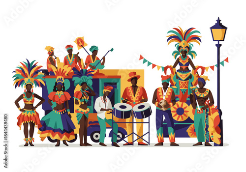 Vibrant Carnival Parade Musicians and Dancers in Colorful Costumes.