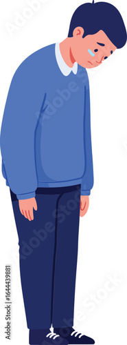 Sad young man standing looking down wearing blue sweater and dark pants vector illustration