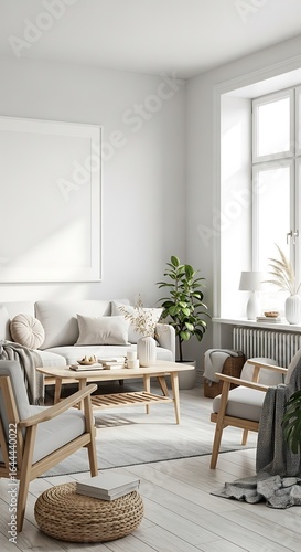Serene Scandinavian Living Room with Natural Light and Minimalist Design Details