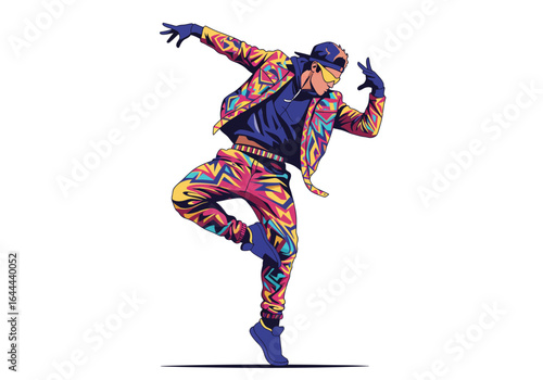 Dynamic Male Breakdancer in Vibrant Geometric Clothing.