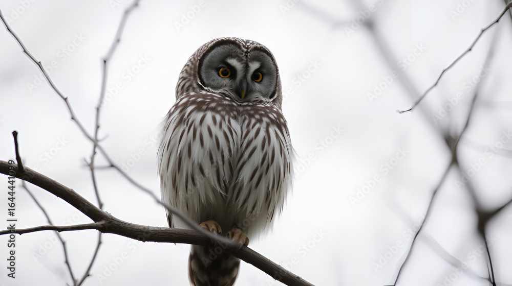 Close up of barred owl sitting on bare branch of tree on a cloudy day. Close up of barred owl sitting on bare branch of tree on a cloudy day.