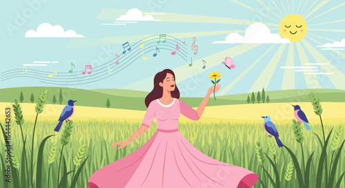 The joyful melody of nature sings through a woman's heart in a picturesque scene