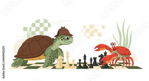 The tortoise detective and crab strategists engage in a game of chess, cartoon animals playing a strategic mind game with a checkered board background