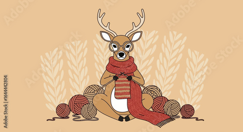 Whimsical Deer Knitter Illustration with Yarn Balls and Glasses on a Beige Background