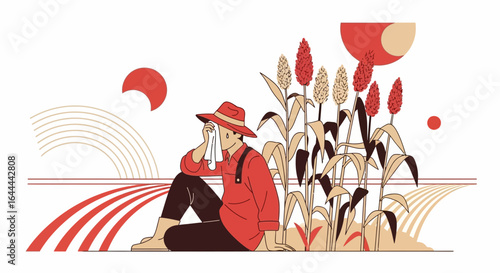 Tired farmer wiping sweat in sorghum field, agricultural worker rests after hard work during hot sunny day