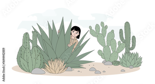 Whimsical desert scene with girl hiding behind agave plant among cacti varieties