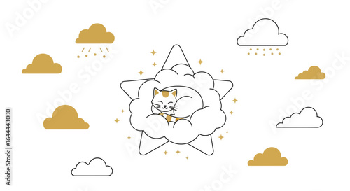Whimsical dreamland: A cute cat sleeps peacefully in a cloud surrounded by stars and clouds