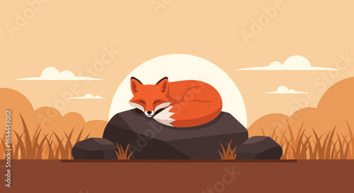 Tranquil fox illustration, curled asleep on a rock against a serene backdrop