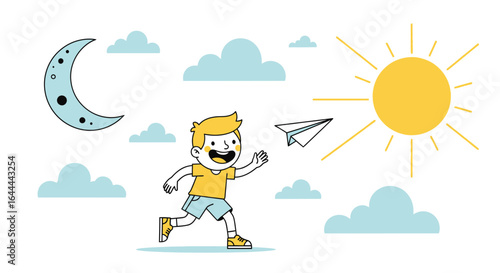 Whimsical illustration of a boy launching a paper airplane under the sun and moon
