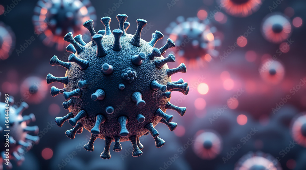 Fototapeta premium HIV Virus concept ,Spherical virus cell with metallic texture, showcasing intricate details and vibrant colors, evokes
