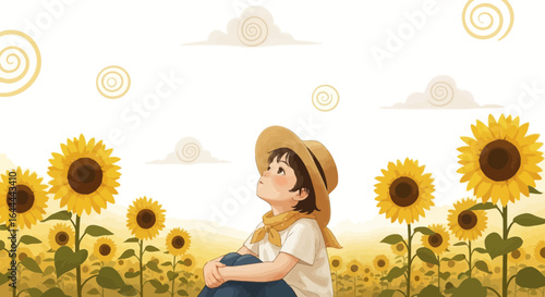 Whimsical illustration of a child in a sunflower field gazing at the sky dreams