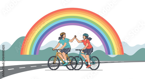 Two friends cycling together under a rainbow, symbolizing friendship and joy in nature and shared outdoor activities
