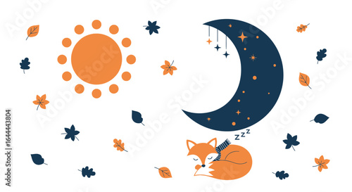 Whimsical illustration of a sleeping fox under the moon with sun and autumn leaves