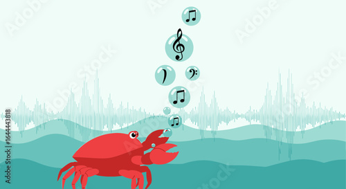 Underwater symphony a whimsical illustration of a crab creating musical bubbles beneath ocean waves