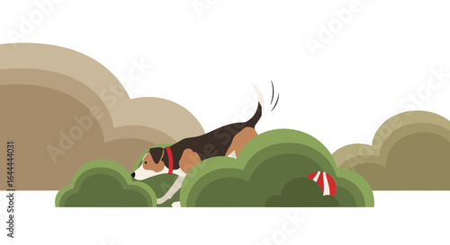 Vector illustration of a beagle dog sniffing and exploring bushes in an outdoor nature scene with trees and open sky