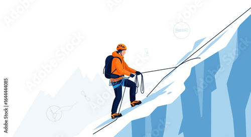 Vector illustration of a climber conquering a steep icy mountain wall using ropes and safety gear for adventure and sport challenge