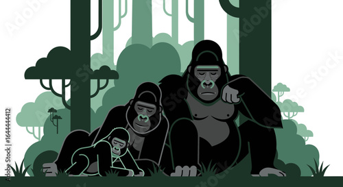 Vector illustration of a gorilla family in their natural habitat showcasing wildlife conservation and familial bonds