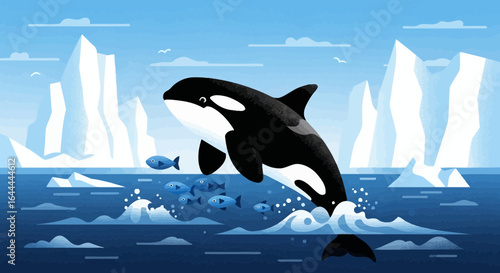 Whimsical orca leaping out of ocean with iceberg backdrop illustration