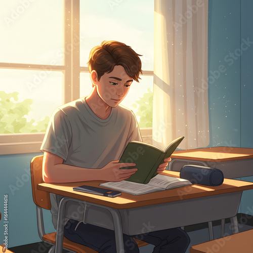 High School Male Student Sitting in Classroom — Character Illustration PNG & Background Scene