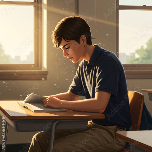 High School Male Student Sitting in Classroom — Character Illustration PNG & Background Scene
