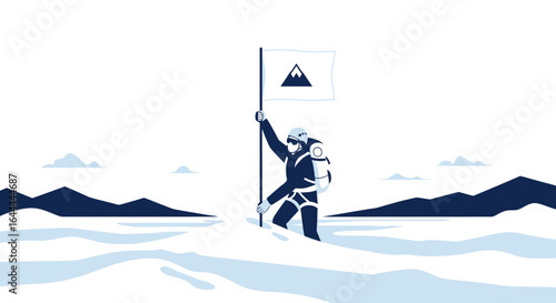 Vector illustration of a mountain climber reaching the summit and planting a flag symbolizing success and achievement