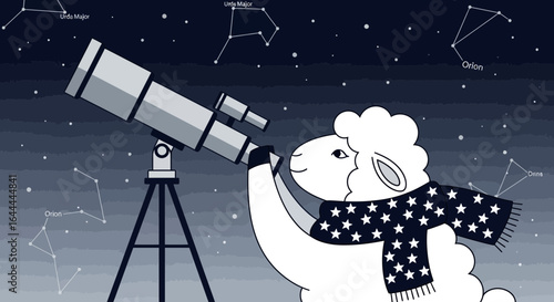 Whimsical Sheep Astronomer Observing Constellations with Telescope Illustration