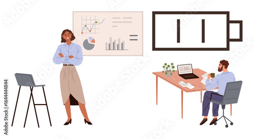 Colleagues in an office setting, one presenting data charts, another recharging with coffee. Ideal for teamwork, productivity, work-life balance, office culture, time management, multitasking