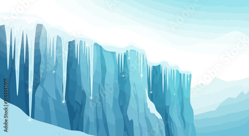 Vector illustration of winter mountain landscape with blue glaciers and icicles