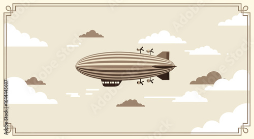 Vintage airship cruising through a dreamy sky with fluffy clouds illustration
