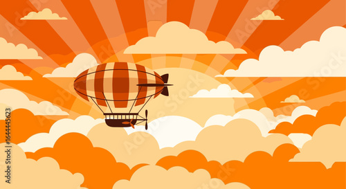 Vintage airship flying through clouds with warm sunset or sunrise background illustration