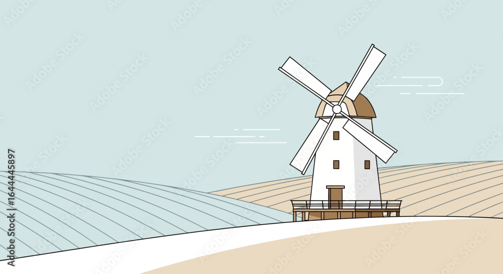 Obraz premium Windmill landscape illustration with agriculture fields and clear sky background countryside rural scenery in minimalism style