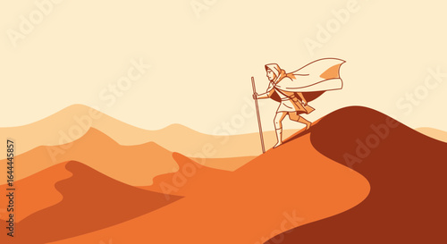 Wanderer traversing the vast desert dunes, a quest for uncharted territories and overcoming obstacles on sandscape