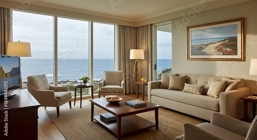 Hotel living room with ocean view  comfortable seating  and natural light