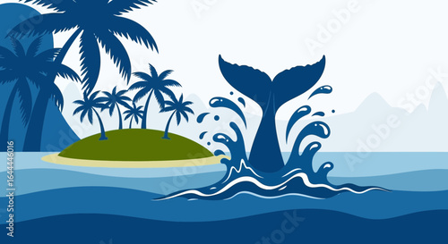 Whale tail breaching ocean waters near a tropical island landscape illustration