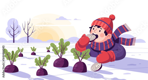 Winter harvest joy: Boy enjoying fresh beets in snowy field at sunset