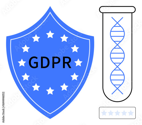 Shield labeled GDPR with stars reflects data protection. DNA strand in test tube symbolizes genetic data control. Ideal for privacy, law, biology, cybersecurity, healthcare, research, compliance as