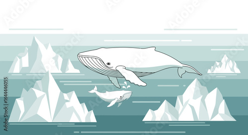 Whales in the arctic landscape, a tranquil illustration of marine life and icy scenery for conservation awareness