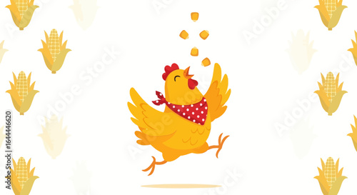 Whimsical Chicken Illustration with Corn and a Red Bandana in a Playful Style