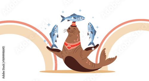 Whimsical circus seal balancing fish on its head and flippers in a colorful illustration